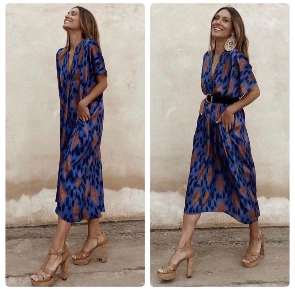 Zara | Boho Printed Oversized Kaftan Midi Dress XL Blue Orange